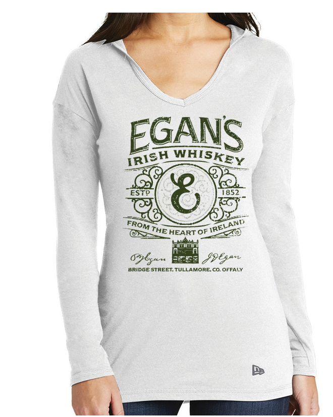 Ladies' Egan's Long Sleeve Tshirt with a hood - White with Military Green logo